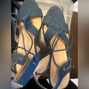 Blue denim cork style lace up heels/platforms